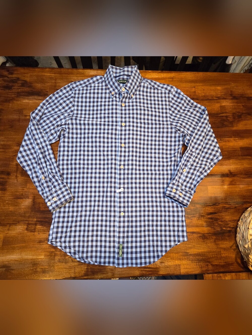 Orvis Men's Blue and Navy Gingham long-sleeve button-down shirt SZ M Heritage